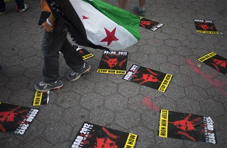 Protesty proti pouívání chemických zbraní ped budovou OSN v New Yorku: chlapec zahalený v syrské vlajce mezi plakáty s Asadovou podobiznou