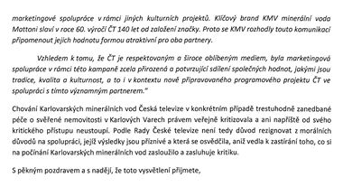 Vyjádření ke stížnosti na spolupráci ČT a Karlovarských minerálních vod (strana 2).
