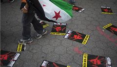 Protesty proti pou�ívání chemických zbraní p�ed budovou OSN v New Yorku: chlapec zahalený v syrské vlajce mezi plakáty s Asadovou podobiznou