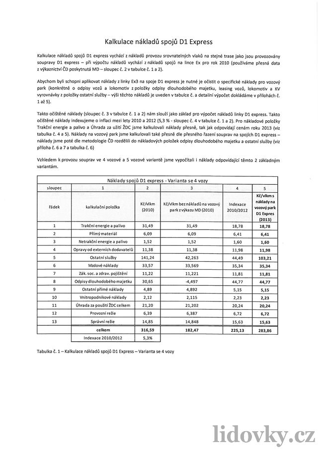 Kalkulace provozu D1 Express vypracovaná RegioJetem - 01