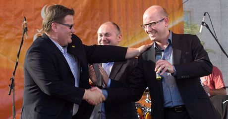 Zdenk kromach, Michal Haek a Bohuslav Sobotka na setkání bhem pedvolební kampan SSD v Ostrav.