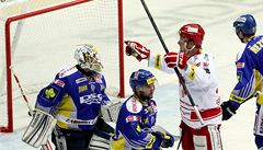 Hokejista T�ince Martin Adamský (v bílém) se raduje z gólu
