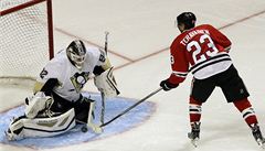 Branká hokejist Pittsburghu Tomá Vokoun (vlevo) a Teuvo Teräväinen z Chicaga Blachawks