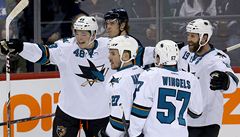 Hokejisté San Jose Sharks, zleva Tomá Hertl, Scott Hannan, Tommy Wingels a Joe Thornton
