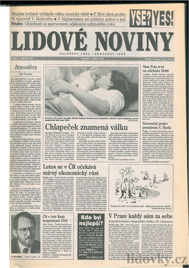 Titulní strana prvního vydání Lidových novin roku 1994.
