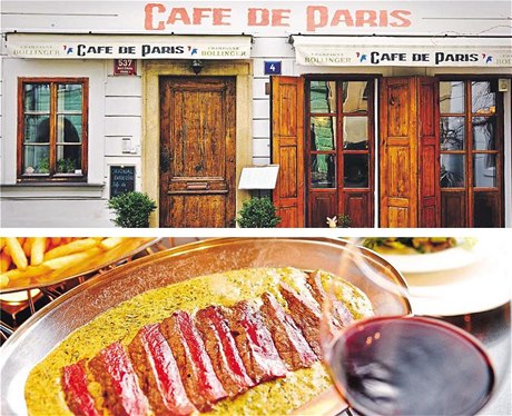 Do Cafe de Paris se vtinou chodí na jednu vyhláenou specialitu: vysoký rotnec s omákou dle tajné receptury.