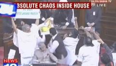 Nespokojenci, kte�í nesouhlasí s vyd�lením nového státu Telangana ze stávajícího jihoindického státu Ándhrapradé�, rovn� v parlamentu provolávali kritické slogany, rozbili sklen�ný st�l a vytrhli drát od jednoho z mikrofon�.