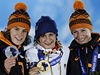 Medailistky ze závodu na 5000 metrů: Ireen Wüstová, Martina Sáblíková a Carien Kleibeukerová