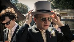  Martin Freeman (John Watson) a Benedict Cumberbatch (Sherlock Holmes) p�i natá�ení t�etí �ady seriálu Sherlock