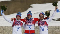 Medailisté z padesátky Maxim Vyleganin, Alexander Legkov and Ilja ernousov