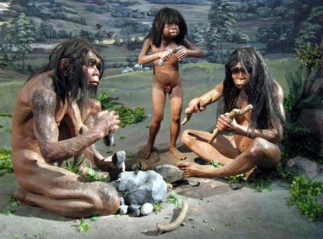 I jávský Homo erectus ze Sangiranu používal opracované nástroje před více než 900 tisíci lety, jak ukazuje dioráma z Národního muzea v Jakartě.