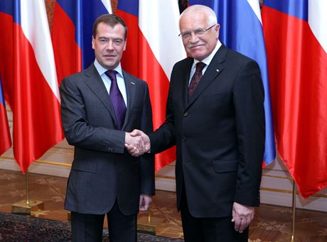Russian President Dmitry Medvedev (left) with his Czech counterpart, Václav Klaus, at their last meeting in Prague, in April 2010