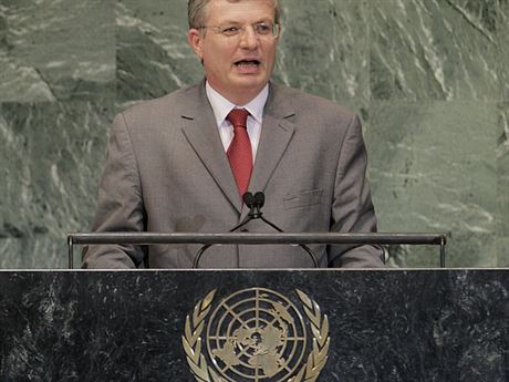 Maltský ministr zahranií Tonio Borg bhem projevu na zasedání Valného shromádní OSN v New Yorku 28. záí 2012.