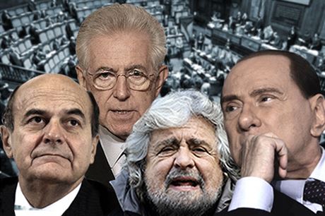 Hlavní hrái v italských parlamentních volbách (zleva doprava): pedseda Demokratické strany Pier Luigi Bersani; odstupující pedseda úednické vlády Mario Monti; lídr radikálního populistického Hnutí pti hvzd Beppe Grill a éf pravicového bloku Silvio