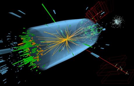 Grafická reprezentace částic vzniklých ve srážce protonu s protonem při těžišťové energii 8 TeV, zaznamenaných detektorem CMS.  Případ vykazuje charakteristiky očekávané v rozpadu Higgsova bosonu standardního modelu na pár bosonů Z, z nichž jeden se rozp