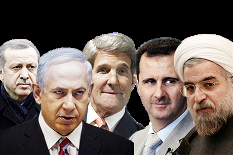 Dnešní hlavní blízkovýchodní geopolitičtí hráči (zleva do prava): Turecký premiér Recep Tayyip Erdogan, izraelský premiér Benjamin Netanjahu, ministr zahraničí USA John Kerry, syrský prezident Bašár Asad a íránský prezident Hasan Rouhání.