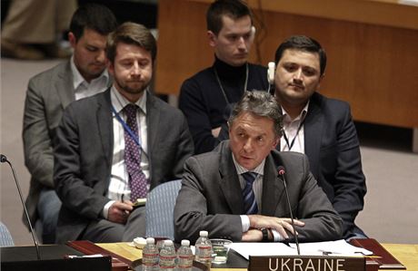 Ukrajinský velvyslanec pi OSN Jurij Serhijev mluví na zasedání Rady bezpenosti OSN v New Yorku.