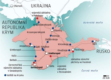 Mapa Krymu doplnná o dleitá strategická místa. 