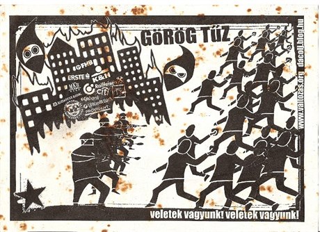 Plakát maarských anarchist se vzkazem eckým spolubojovníkm.