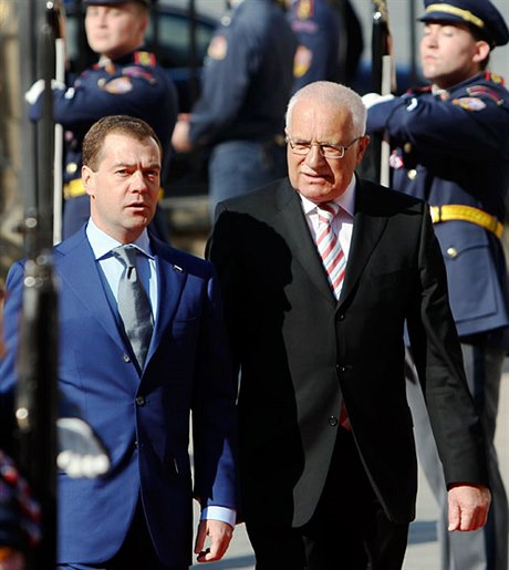 Presidents Medvedev (left) and Klaus during the former's historic visit to Prague in April 2010