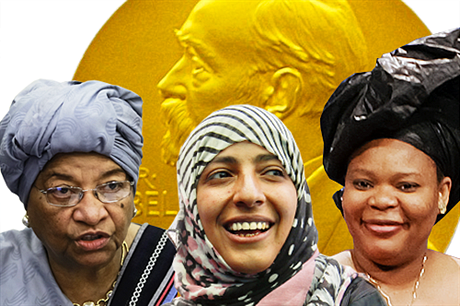 Letošní laureátky Nobelovy ceny za mír: zleva Ellen Johnsonová-Sirleafová, Tavakkul Karmánová a Leymah Gboweeová.