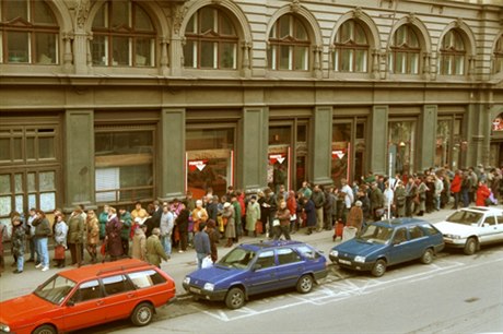 Czechs line up in January 1993 to trade in their share booklets in state companies slated for privatization under the coupon privatization program
