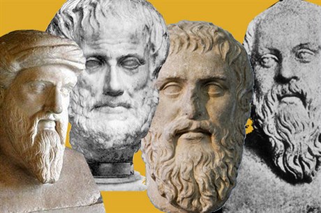 Zleva: Pythagoras, Sókratés, Platón, Aristotelés.