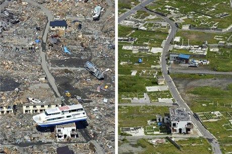 Zemětřesením a tsunami postižená japonská prefektura Iwate měsíc po přírodní katastrofě v dubnu 2011 a letos v září.