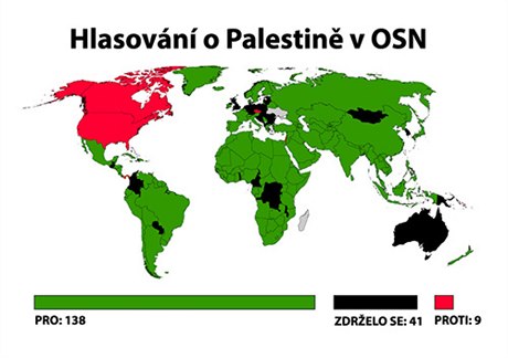 Výsledek hlasování zemí o povýení Palestiny na pozorovatelský stát Organizace spojených národ ve tvrtek 29. listopadu na Valném shromádní OSN.