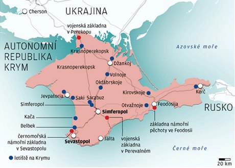Mapa Krymu doplněná o důležitá strategická místa. 