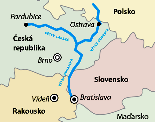 Předpokládaná trasa kanálu Dunaj – Odra – Labe.