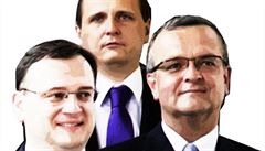 Premiér Petr Nečas (ODS, vlevo), ministr financí Miroslav Kalousek (TOP 09, vpravo) a šéf poslaneckého klubu Věcí veřejných Vít Bárta představili své, poněkud odlišné názory na státní rozpočet. Na jeho konečné podobě se vládní koaliční strany musejí doho
