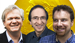Ocenění astrofyzikové: zleva Brian Schmidt (Australian National University), Saul Perlmutter (University of California, Berkeley) a Adam Riess (Johns Hopkins University, Baltimore).