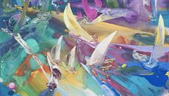 Michael Rittstein: Plátno plachetnic svištících mezi sebou na pestrobarevně se odrážející barvě moře při odlesku slunečních paprsků.