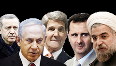 Dnešní hlavní blízkovýchodní geopolitičtí hráči (zleva do prava): Turecký premiér Recep Tayyip Erdogan, izraelský premiér Benjamin Netanjahu, ministr zahraničí USA John Kerry, syrský prezident Bašár Asad a íránský prezident Hasan Rouhání.