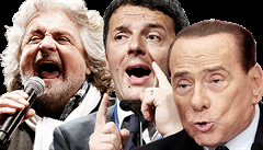 Hlavní protagonisté současné italské politiky (zleva): Beppe Grillo, Matteo Renzi a Silvio Berlusconi.