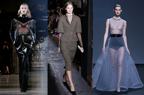 Tři z témat, jež se objevují v současné módě (zleva): historie (Zeynep Tosun), jednoduchost (Valentino) a transparentnost (Christian Dior). Všechny modely jsou z kolekcí pro letošní zimu.