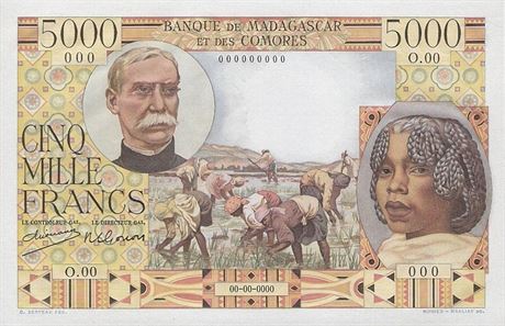 Francouzský generál Joseph Gallieni na bankovce madagaskarského franku z roku 1950. Uprosted tamní eny na rýové plantái.
