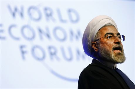 Íránský prezident Hasan Rouhání řeční 23. ledna v Davosu.