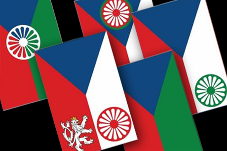Pět z celkem sedmi návrhů česko-romské vlajky od Tomáše Rafy.