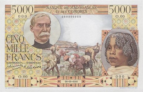 Francouzský generál Joseph Gallieni na bankovce madagaskarského franku z roku 1950. Uprostřed tamní ženy na rýžové plantáži.