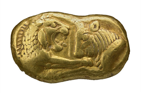 Zlatá mince z Lýdie, na území dneního Turecka (zhruba 550 let ped naím letopotem).