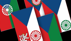 Pět z celkem sedmi návrhů česko-romské vlajky od Tomáše Rafy.