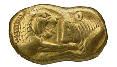 Zlatá mince z Lýdie, na území dnešního Turecka (zhruba 550 let před naším letopočtem).