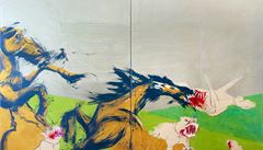 Hned u vchodu na veletrh upoutá velkoformátový diptych malíe, který pvodn zaínal v praské graffiti komunit.