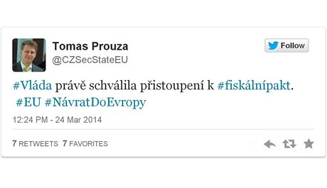Státní tajemník pro evropské záleitosti Tomá Prouza oznámil na Twitteru pistoupení eska k fiskálnímu paktu Evropské unie schválené vládou.