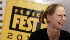 Kati Outinen na tiskové konferenci k filmu Láska, soudruhu, uvedeném na Febiofestu