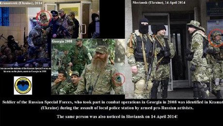 Snímky, které Washingtonu poskytli ukrajinští diplomaté, upozorňují na vybrané ozbrojence, kteří prý opakovaně zasahovali v několika východoukrajinských městech a také během ozbrojeného konfliktu v Gruzii.