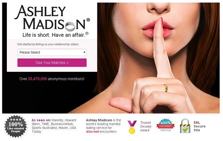 Titulní stránka internetové seznamky Ashleymadison.com.  