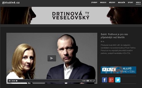 Stránka DVTV a tváře moderátorů Daniely Drtinové a Martina Veselovského.
